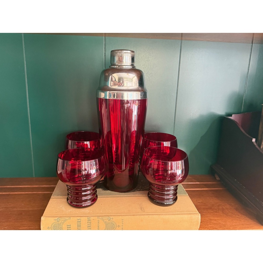 Vintage Art Deco Ruby Red Glass Cocktail Shaker Set with 4 Ribbed Glasses 5pc